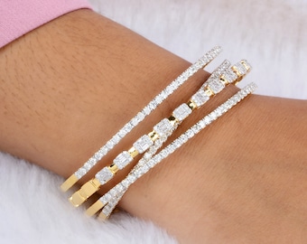 14K Gold Diamond Cuff Bracelet | Criss Cross Bangle, 5.38 Ct Baguette Round Diamonds