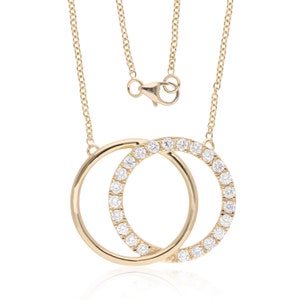 1.22 Tcw CVD Diamond Double Ring Pendant Necklace, 14K/10K Gold Interlocking Circle Necklace, Infinity Necklace, Dainty Layering Necklace