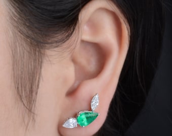 18k White Gold Emerald Earrings For Women, Natural Diamond Stud Earrings For Birthday Gift, Women Earrings Jewelry For Wife