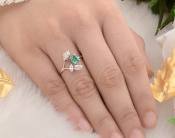 1.24Tcw Three Diamond & Emerald Ring, 18k Solid Gold Open Ring, Multi Shape Diamond Ring, White Gold Wedding Engagement Ring, Prong Set Ring