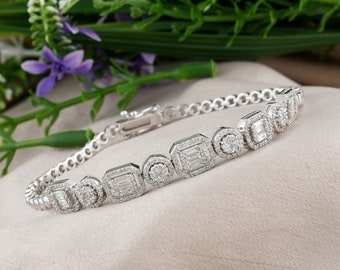 18k Gold Diamond Bracelet / Round & Baguette Diamond Charm Bracelet / Pave Diamond Bracelet Chain / Wedding Bridal Bracelet Gifts For Women