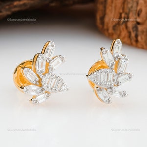 New Arrival 18k Yellow Gold Natural Diamond Stud Earrings| Wedding Stud Earrings for Women| Baguette Shape Anniversary Gift Earring for Wife