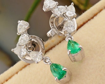 Emerald Earrings, Gold Emerald & Diamond Dangle Earrings 14k Emerald Wedding Earrings, Dangle Drop Earrings, Emerald Anniversary Earrings