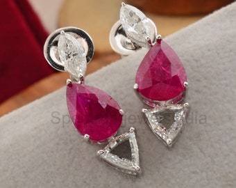 18K White Gold Ruby Earrings / Ruby Diamond Earrings / Pear Cut Ruby Gemstone Earrings / Bridal Ruby Earrings / Wedding Earrings For Women
