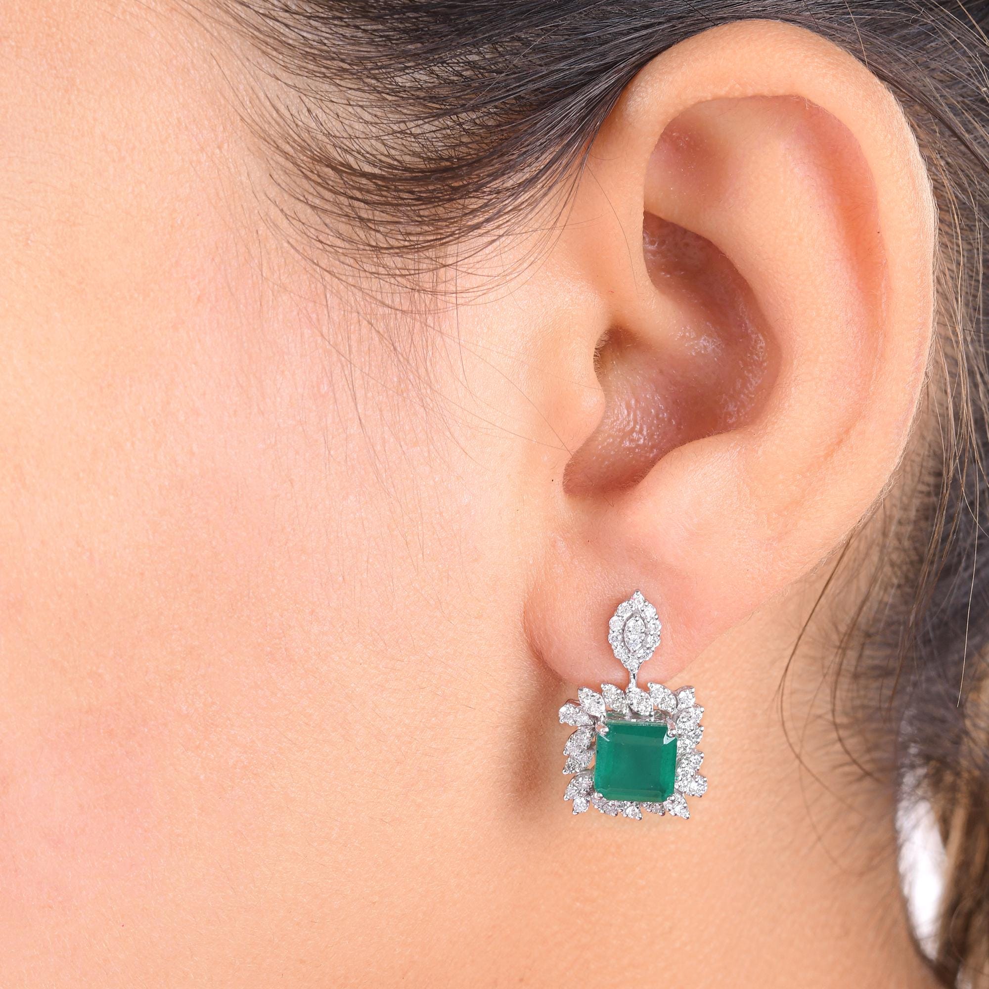 Green Stone & Lab Grown Diamond Earrings 0.87ct, 14k White Gold Cluster Earrings, Wedding Cocktail Party Diamond Jewelry| Round Diamond Gift