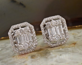 1.20CT Diamond Baguette Halo Earrings 14K White Gold