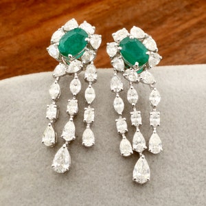 Diamond Emerald Earrings / 18k Gold Diamond Earrings / Chandelier Earrings / Diamond Dangle Earrings / Zambia Emerald Gemstone Jewelry Gifts