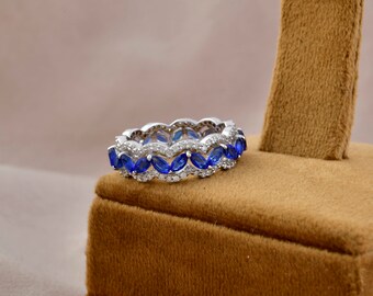 18k White Gold Synthetic Blue Sapphire Ring For Women, Natural Diamond Eternity Band Ring For Birthday Gift, Women Ring Jewelry For Wife