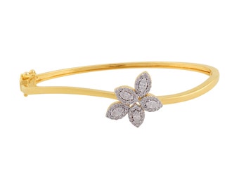 18k Yellow Gold Pave Diamond Floral Bangle Bracelet Certified Diamonds