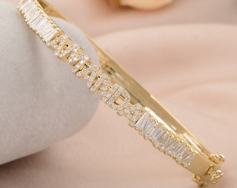14k Yellow Gold Bracelet / Custom Name (AMANDA) Personalized Bracelet / Round & Baguette Diamond Bracelets / Bangle Bracelet Jewelry Gifts