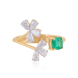 Floral Emerald and Diamond Ring in 14K/18K Yellow Gold, Nature Inspired Flower Ring, Unique Gemstone Jewelry, Gold Adjustable Ring for Women