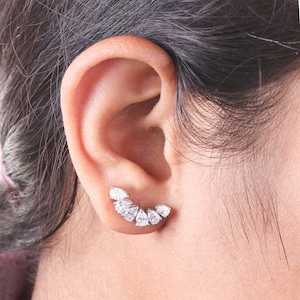 2.36 Ct Real Diamond Ear Crawler Earrings, 14k Solid Gold Ear Climber Earrings, Diamond Curved Earrings, Pear Cut Diamond Wedding Earrings