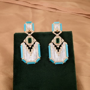 18k Gold Turquoise Earrings, Natural Zambian Emerald Earrings, Art Deco Earrings Jewelry, Pave Diamond Earrings, Turquoise Diamond Earrings
