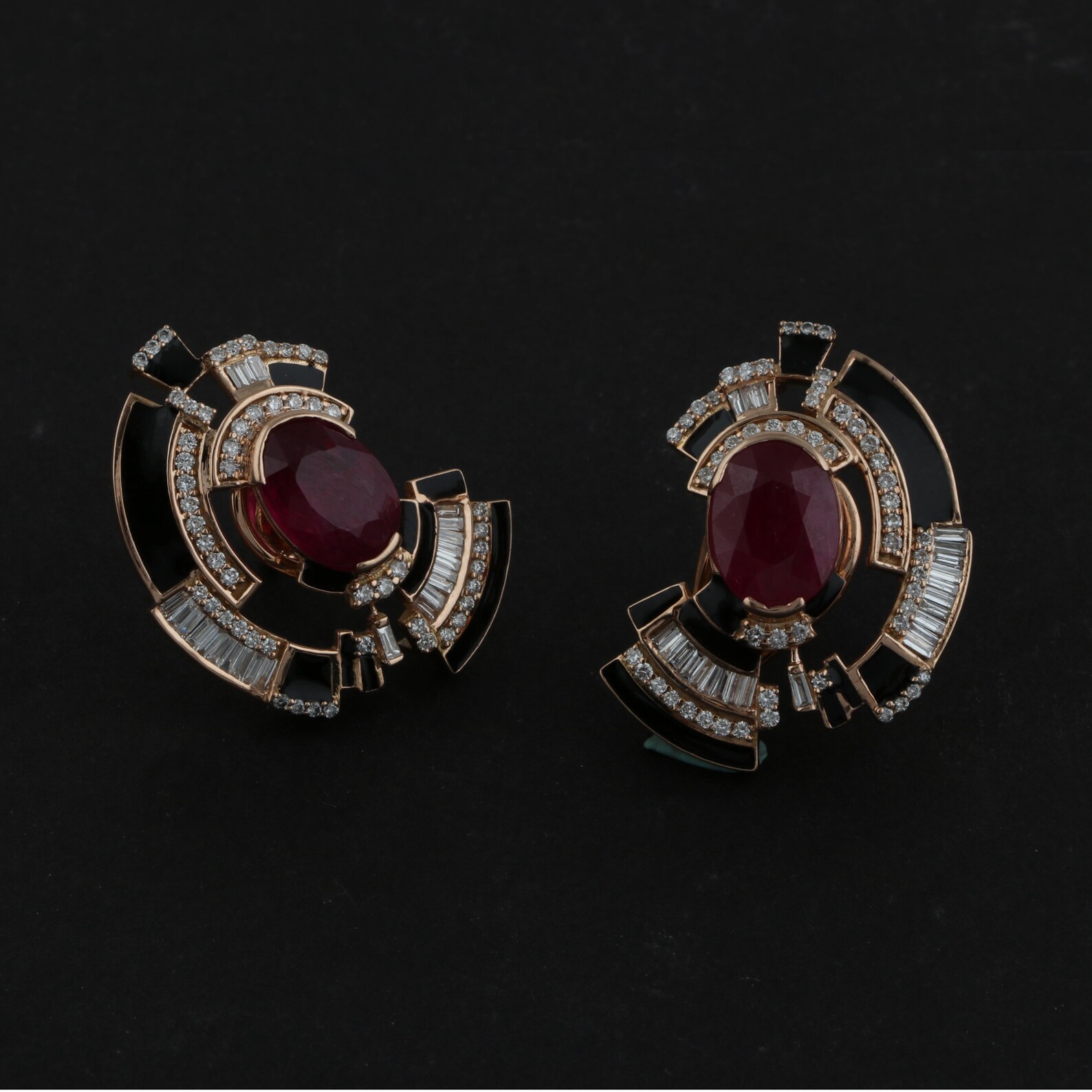 Gold Red Ruby & Baguette Earring Pave Diamond 14k Rose Gold Etsy
