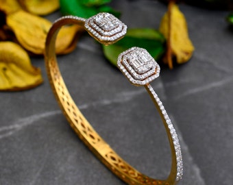 Diamond Cuff Bracelet, Baguette & Round Diamond Bangle, 14k Yellow Gold Halo Diamond Bracelet, Certified Diamond Bangle, Fine Jewelry Gifts