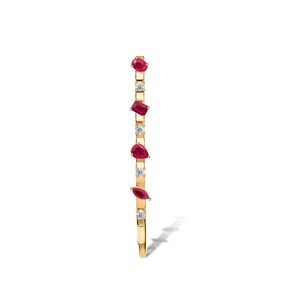 May include: A vertical gold bangle bracelet featuring an alternating pattern of four red rubies in oval, rectangular, pear, and marquise cuts, interspersed with four small round white diamonds set along the thin polished yellow gold band.