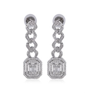 Baguette & Round Diamond Earring, 18k Gold Wedding Earring, Halo Earring, Dangle Drop Earring, Curb Link Chain Diamond Earring, Gift For Her