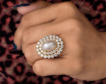 Oval Pearl Diamond Halo Ring | 18k Yellow Gold Cocktail Ring
