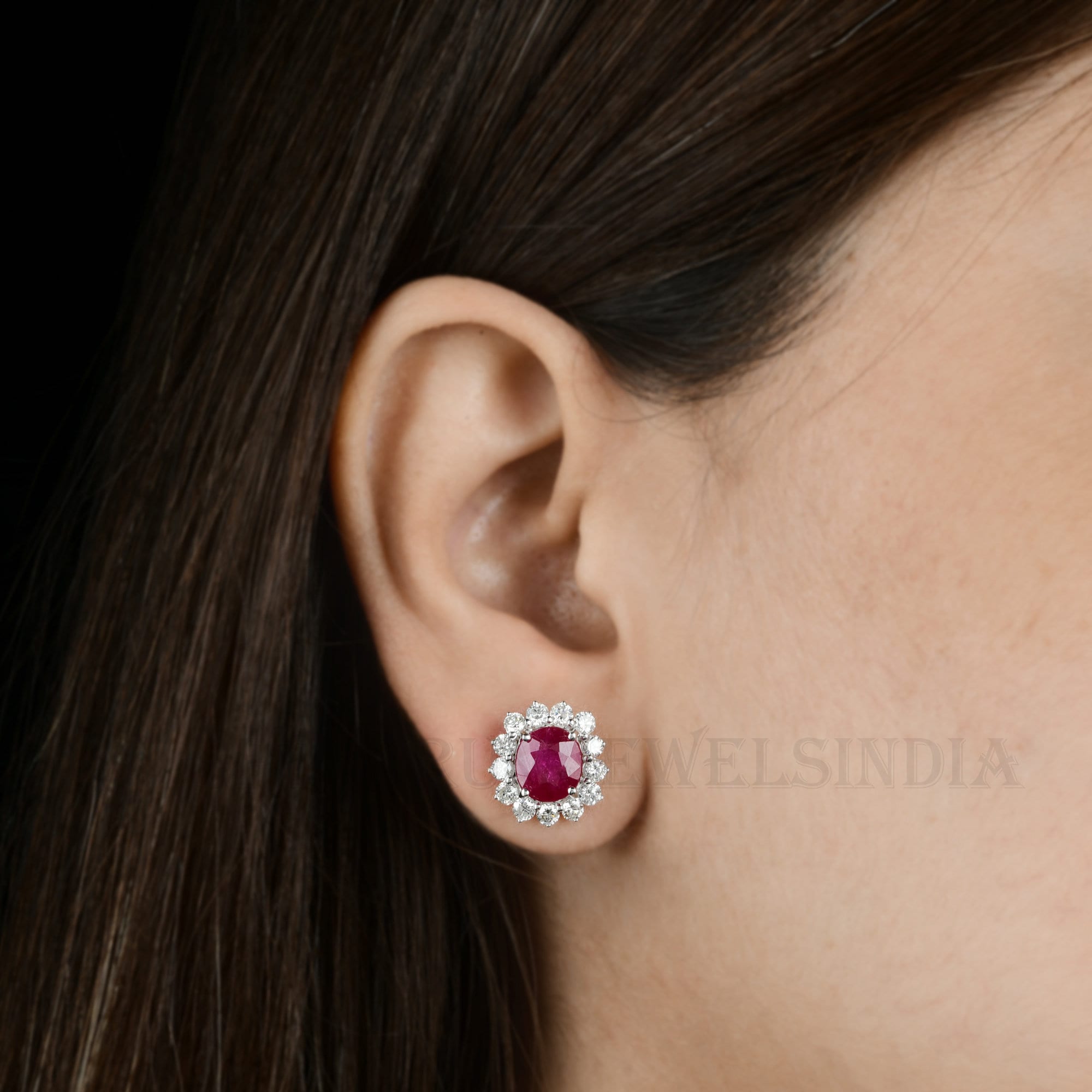 Ruby♥୨୧˙˳⋆﻿　　0118 18k Gold Ruby Diamond Stud Earrings, 6.01 Ctw Ruby Halo