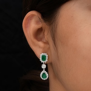Emerald & Diamond Earrings 5.77 Ctw| 18k Gold Dangle Drop Earrings| Halo Earrings| Emerald Statement Jewelry| May Birthstone Gift for Her