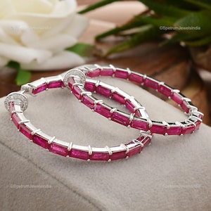 9.44 Ct Natural Ruby Hoop Earrings, Baguette Cut Ruby Inside Out Earrings, 18k Gold Pave Diamond Earrings, Ruby Diamond Earrings for Women