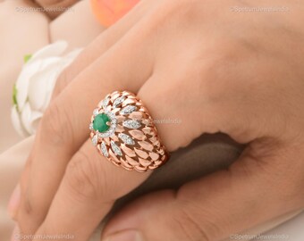 18k Rose Gold Zambian Emerald Ring For Women, Natural Diamond Statement Anniversary Ring For Birthday Gift, Women Ring Jewelry For Wife