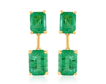 Elegant Zambian Emerald Earrings, Gemstone Earrings, Green Drop & Dangle Earrings, 18k Yellow Gold Jewelry, Birthday Gift, Earrings For Love