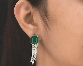 Emerald & Diamond Earrings 23.25 Tcw| 18K White Gold Drop Earrings| Leaf Statement Jewelry| Octagon Cut Emerald May Birthstone Gift for Her