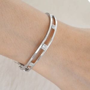 Double Layer Diamond Bracelet, 10K White Gold Stackable Bracelet, Gold Bangle Bracelet for Women, Baguette & Round Diamond Station Bracelet