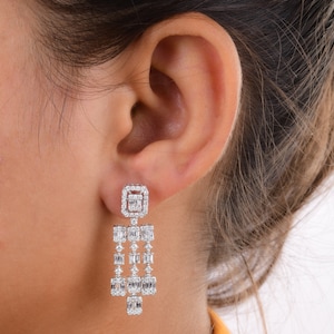 Lab Grown Diamond Earrings| 18K White Gold Diamond Chandelier Dangle Long Earrings| Women Wedding Luxury Diamond Earrings| Gift For Her