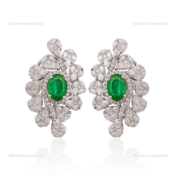 Ladies Pear Shape Green Emerald Stud Earrings White Gold