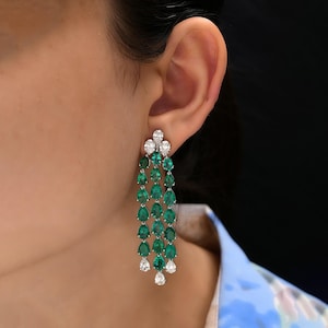 24.77Tcw Emerald & Diamond Drop Earrings, 18k/14k Gold Dangle Earrings, Emerald Chandelier Earrings, Teardrop Earrings, Emerald Jewelry Gift