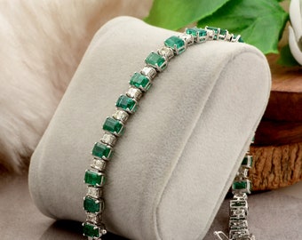Emerald Cut Emerald Diamond Bracelet / 18k White Gold Bracelet / Zambia Emerald Gemstone Bracelet / Wedding Emerald Diamond Tennis Bracelet