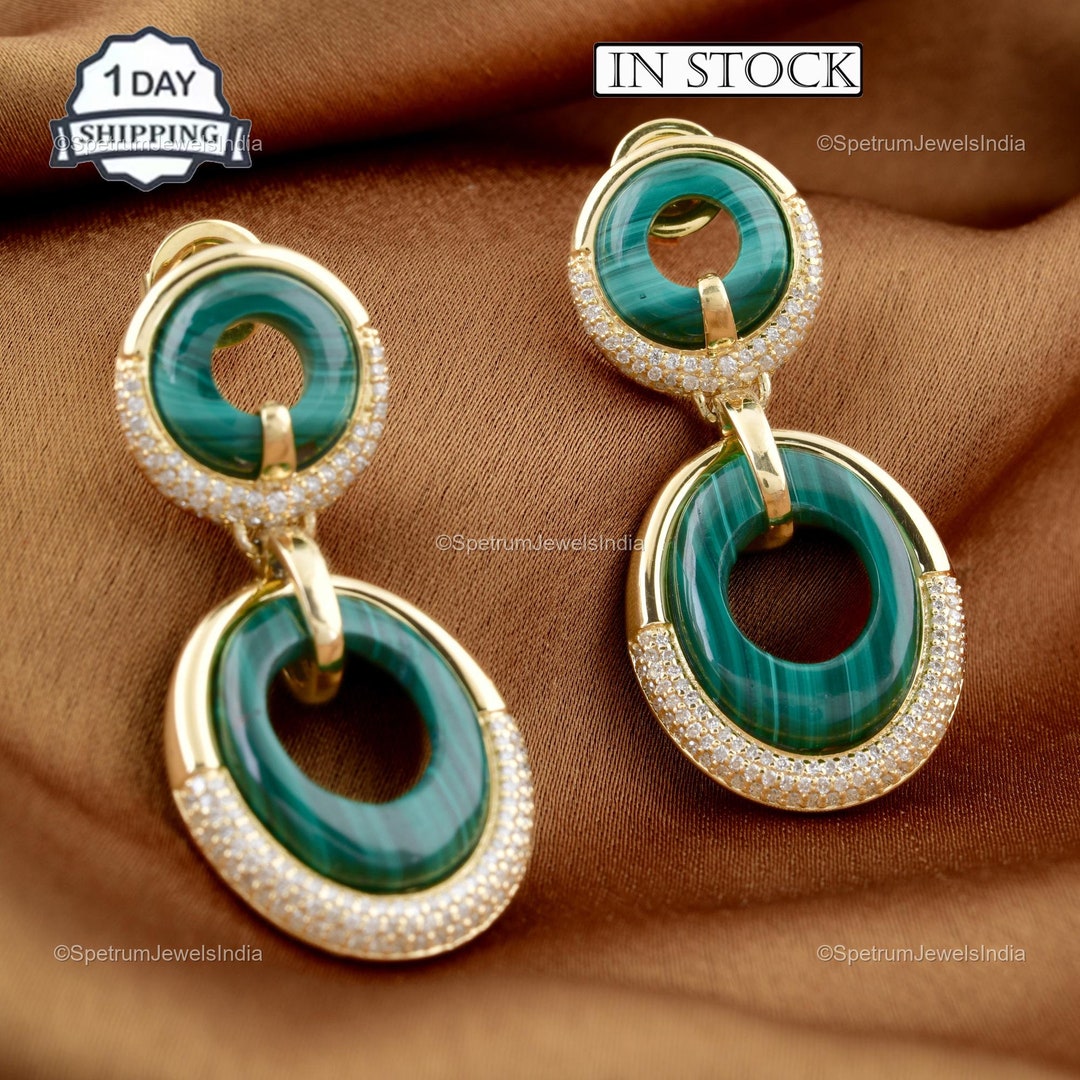 9ct Yellow Gold Malachite Petal Drop Earrings main image 1