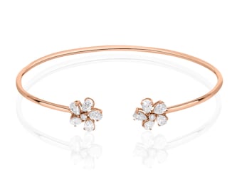 18k Rose Gold Diamond Flower Bracelet | Pear & Round Cut Open Cuff Bangle