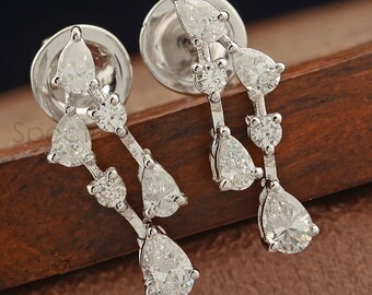 Diamond Earrings / 18k White Gold Earrings / Wedding Diamond Dainty Earrings / Pear & Round Diamond Earrings / Anniversary Gift For Her