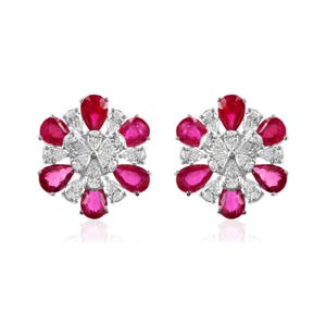 Natural Red Ruby Diamond Flower Stud Earrings, 18K White Gold Studs, Wedding Gold Studs, Statement Stud Earrings, Birthday Gift For Women
