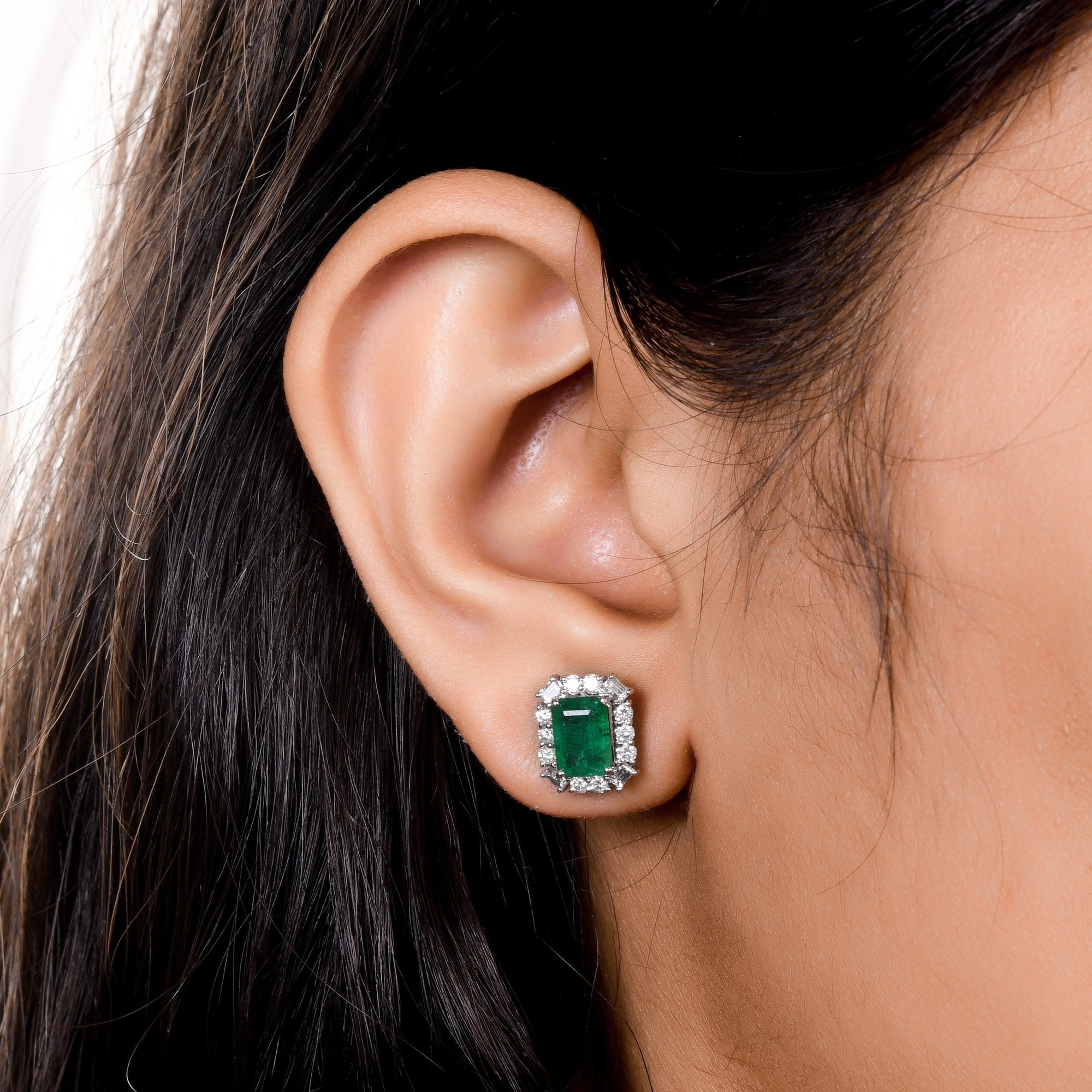 1.81 Ct Natural Emerald Gemstone Stud Earrings, 0.60 Ct Diamond Halo Earrings, 18k/14k/10k Gold Stud Earrings, Octagon Emerald Jewelry Gift