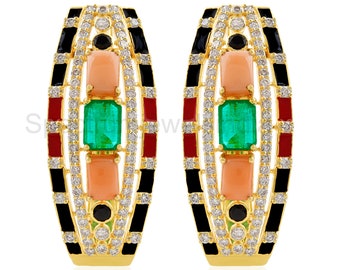Coral, Onyx & Emerald Earrings / Natural Gemstone Diamond Earrings / 18k Gold Diamond Enamel Earrings / Diamond Wedding Earrings For Women