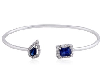 Blue Sapphire Bracelet, 18k Gold Sapphire Diamond Bangle, Pear & Emerald Cut Sapphire Gemstone Bracelet, Open Cuff Bangle, Fine Jewelry Gift