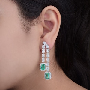 Emerald Cut Emerald Earring, White Gold Emerald Diamond Earrings, 18k Gold Emerald Dainty Earrings, Baguette Diamond Dangle Earrings For Her