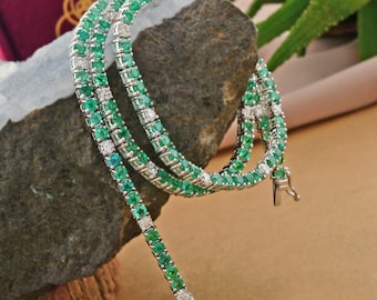 Glimmering 10k White Gold Wedding Exclusive Necklace, Natural Brilliant Cut Emerald Stunning Bridal Chain Necklace, Gift For Love