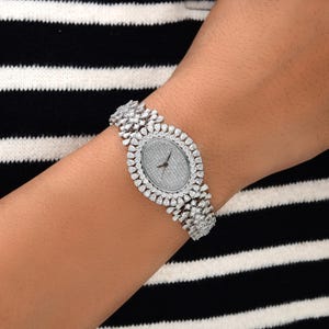 Oval Dial Natural Diamonds Luxury Wrist Watch for Women| 11.92ct Certified Diamonds 18k White Gold 40gms| Art Deco Real Gold Diamond Watch