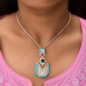 Turquoise Emerald Pendant & MOP Necklace| 18K Rose Gold Art Deco Statement Necklace| Geometric Necklace| Handmade Necklace| Gift for Her