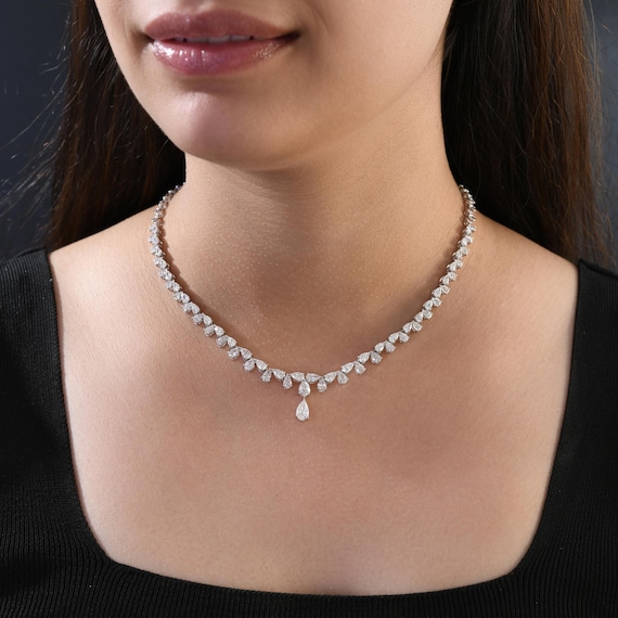 8.54 Ct Real Diamond Tennis Necklace, 18K Gold Wedding Bridal