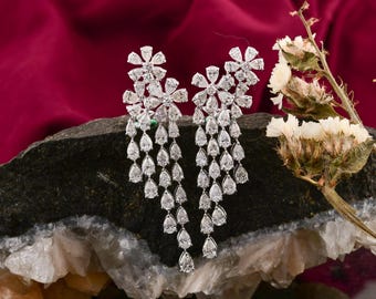 Natural Diamond Long Dangle Earring, 18K White Gold Floral