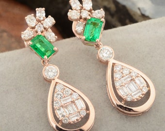 Emerald Cut Emerald Earrings / 18k Gold Emerald Diamond Earrings / Dangle Drop Earrings / Zambia Emerald Gemstone Earrings / Diamond Jewelry