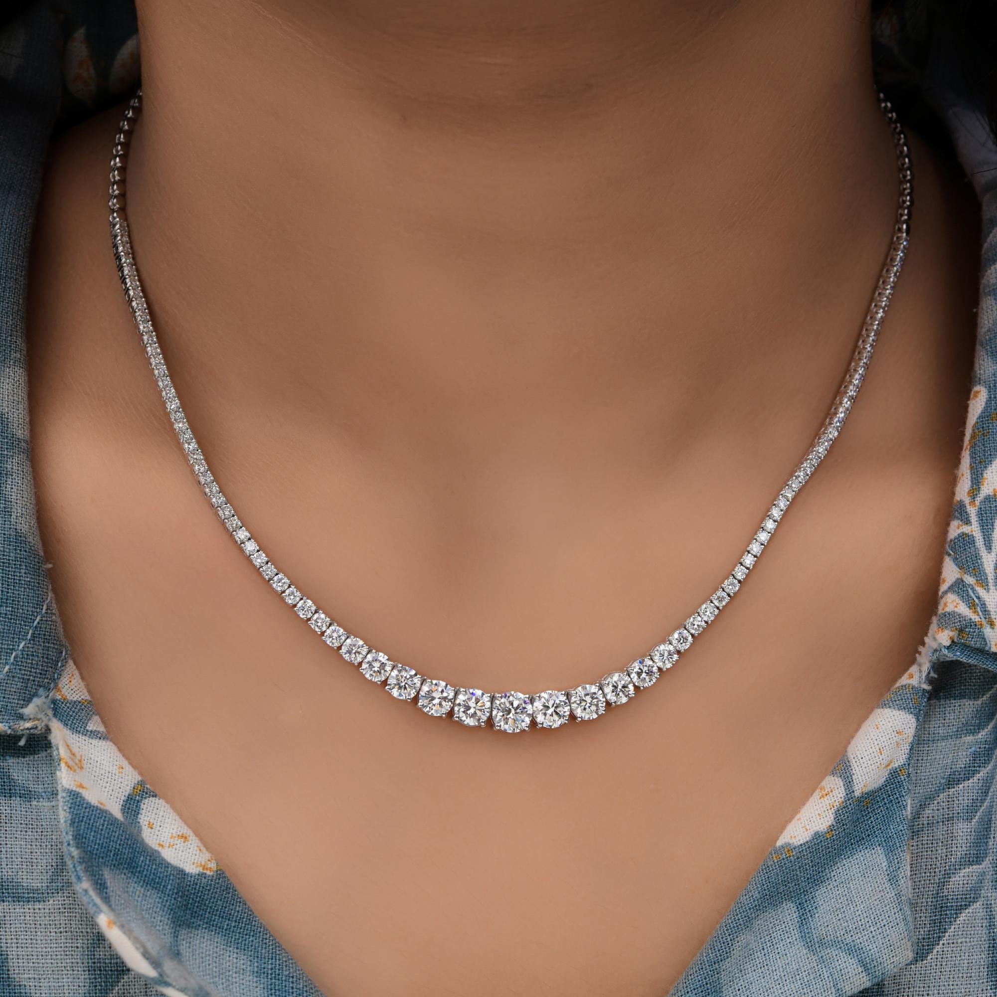 Lab Grown Diamond Tennis Necklace 5.34ct Graduated 14K White Gold