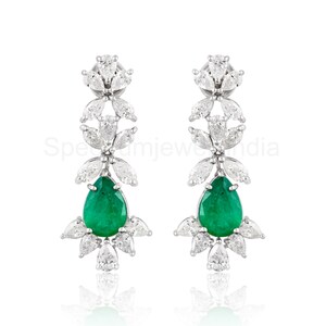 18k Gold Emerald Earrings / Pear Cut Emerald Diamond Earrings / Zambian Emerald Gemstone Earrings / Gold Wedding Emerald Earrings For Women