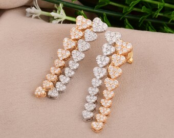 Two Tone Diamond Oorbellen, Heart Cut Diamond Earring, 18K Gold Wedding Earring, Dangle Drop Earring, Cluster Bruidsoorbel, Bruidsmeisje Cadeau